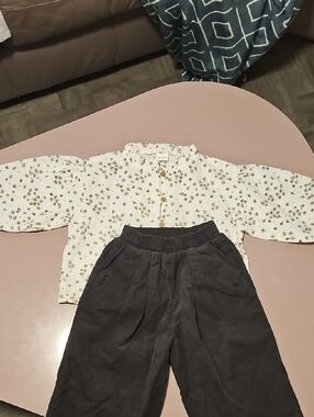 next Cream Floral Button-Front Top with Black Pants Set